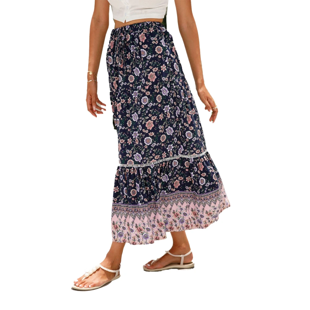 Women Lace Splicing Long Skirt Loose Comfortable Clear Flower Printed Fashionable Modern Ladies Female Skirt Dark Blue L