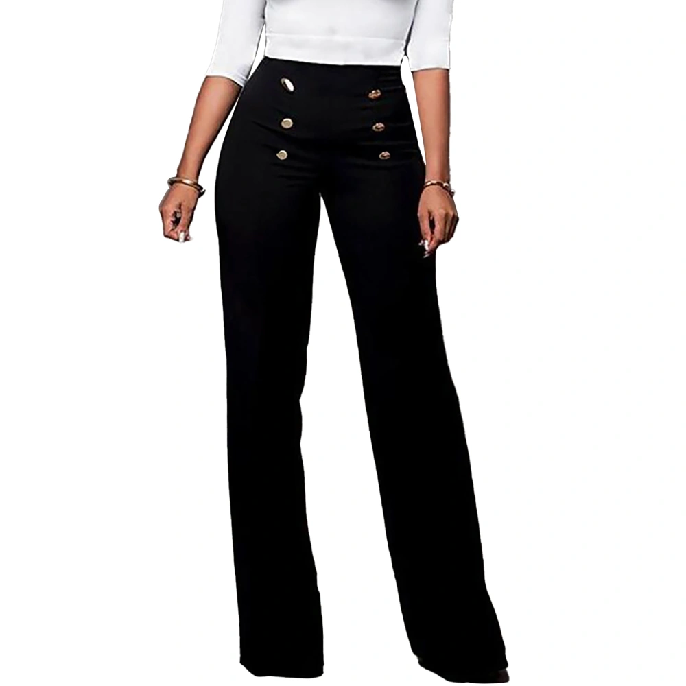 Women Slacks Buttons Front Wide Leg Back Zipper Pure Color Breathable Casual Pants Black S