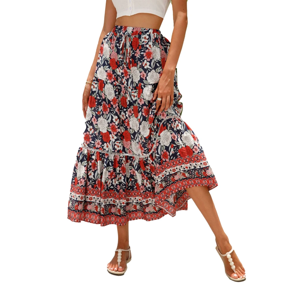 Women Lace Splicing Long Skirt Loose Comfortable Clear Flower Printed Fashionable Modern Ladies Female Skirt Red L