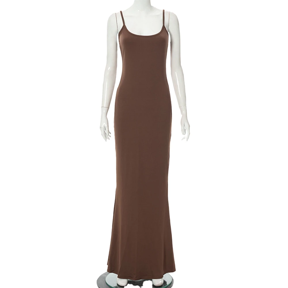 Bodycon Spaghetti Maxi Dress High Waist Elegant Sleeveless Slim Tight Spaghetti Strap Maxi Dress for Lady Brown XL