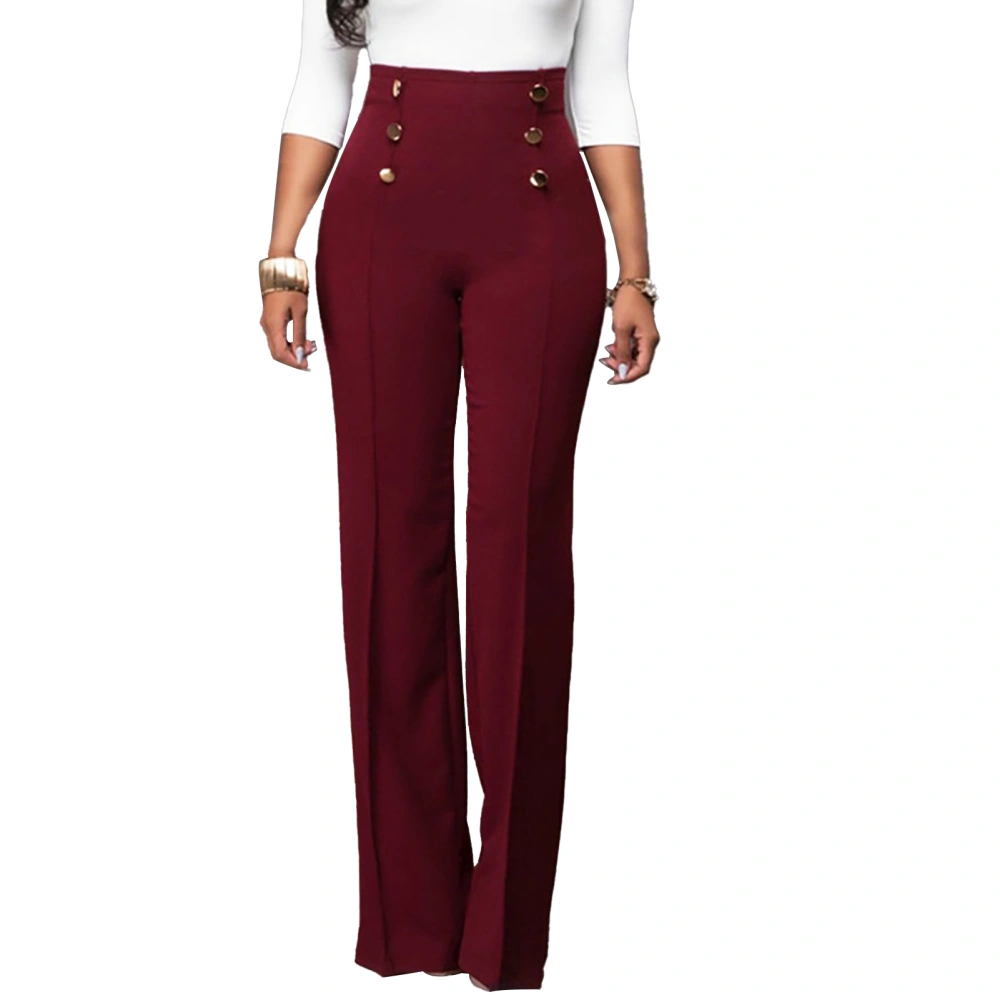 Women Slacks Buttons Front Wide Leg Back Zipper Pure Color Breathable Casual Pants Wine Red XL