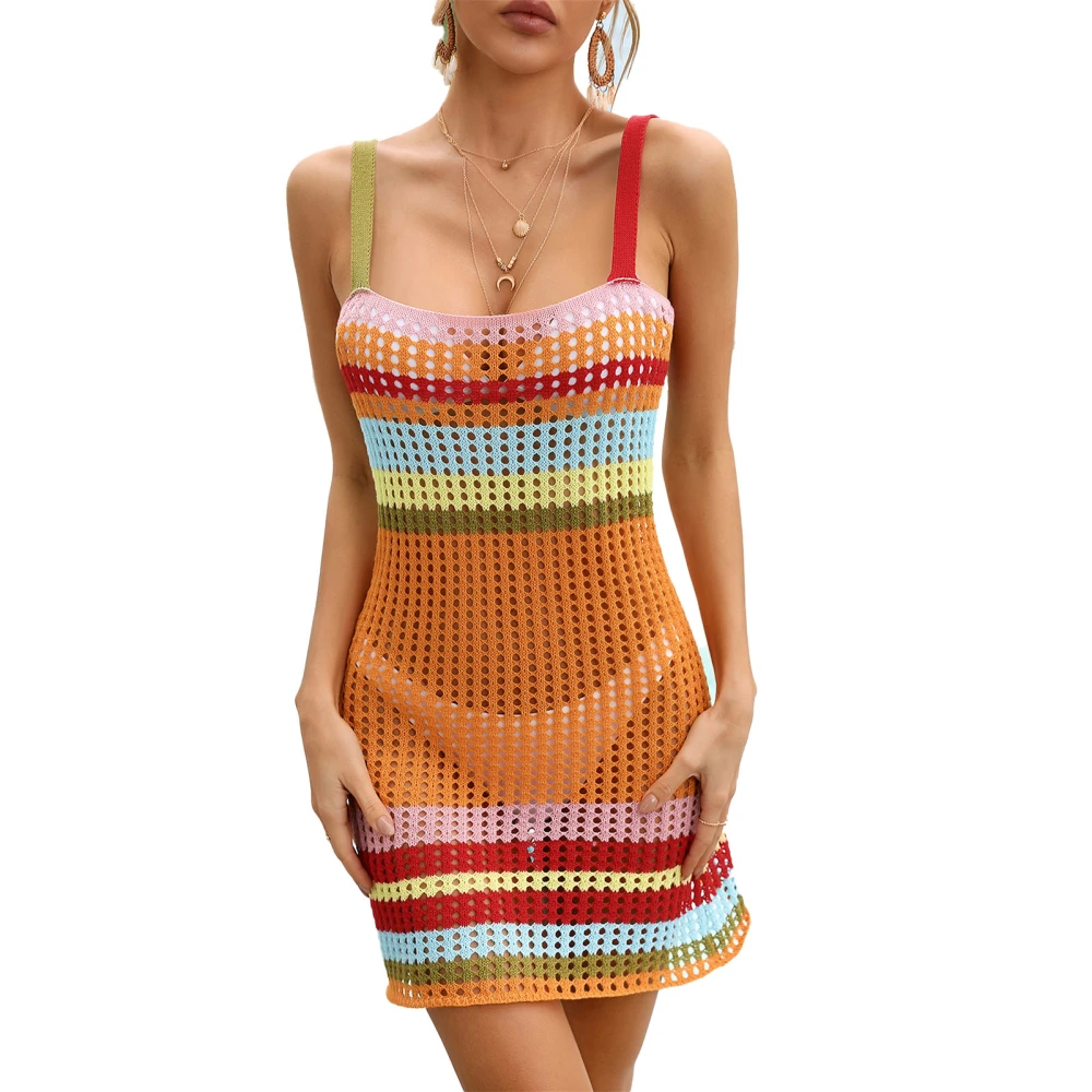 Women Knitted Covering Dress Color Contrasting Hollow Up Sleeveless Bikini Cover Up Orange S