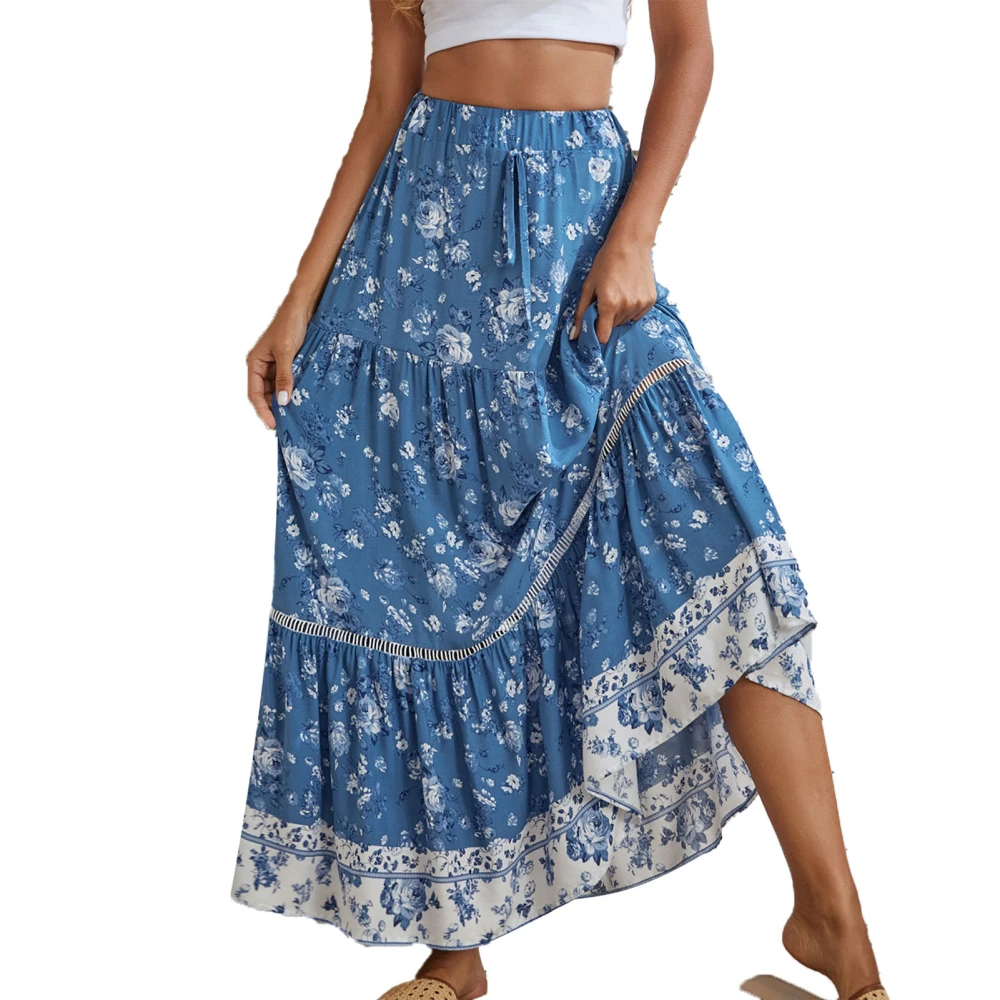 Floral Midi Skirt A Line Elastic Waist Ruffle Hem Fashionable Casual Women Skirt for Holidays Parties Blue XL