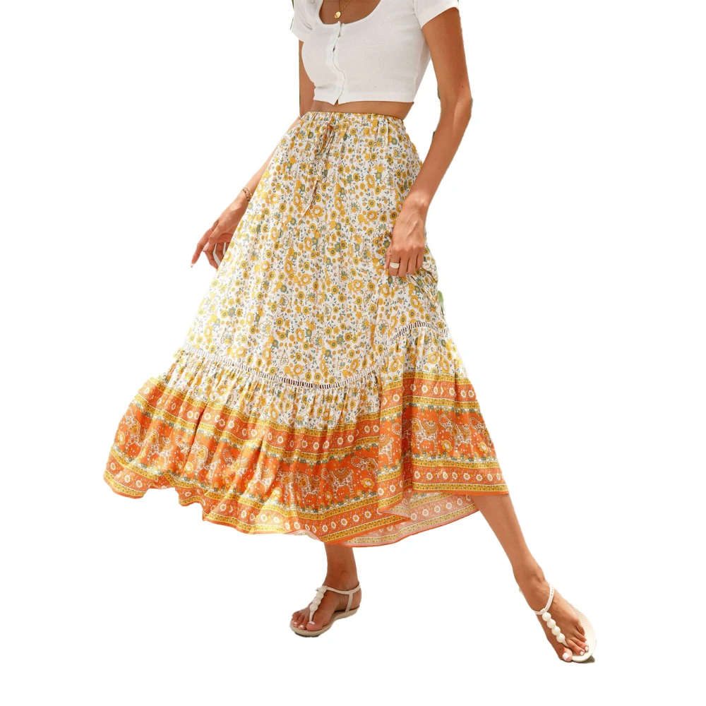 Women Lace Splicing Long Skirt Loose Comfortable Clear Flower Printed Fashionable Modern Ladies Female Skirt Orange S