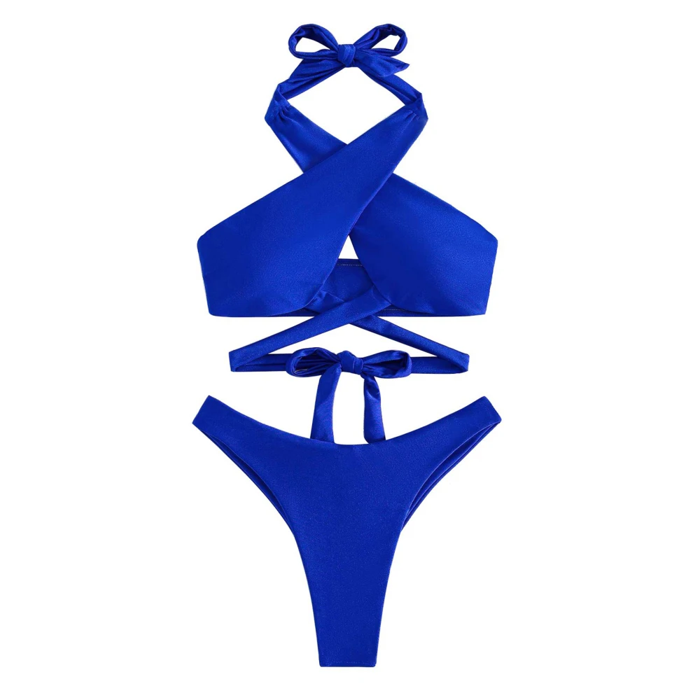 Women Halter Tie Back Bow Tie Bikini Set Fashionable Elegant 2 Piece Swimsuit Bathing Suit for Beach Party Blue M