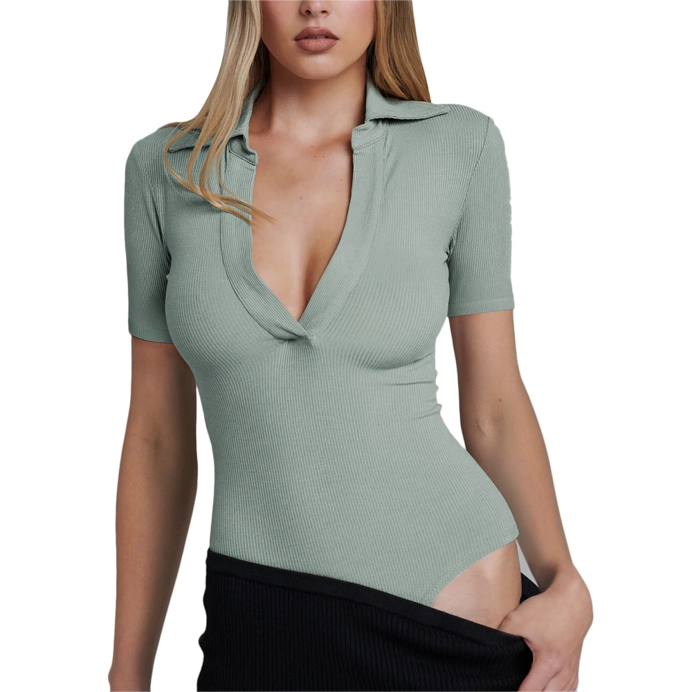 Tight Jumpsuit Top Slim Deep V Neck Short Sleeve Pure Color Turn Down Collar Ribbed One Piece Top Light Green XL