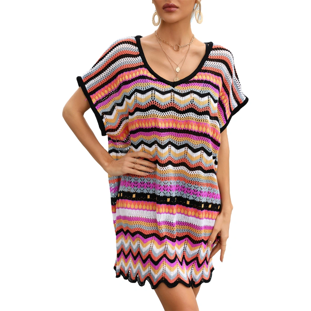 Women Bikini Coverup V Neck Colorful Wavy Stripes Patterns Hollow Up Knitted Swimsuit Covering Dress Black M