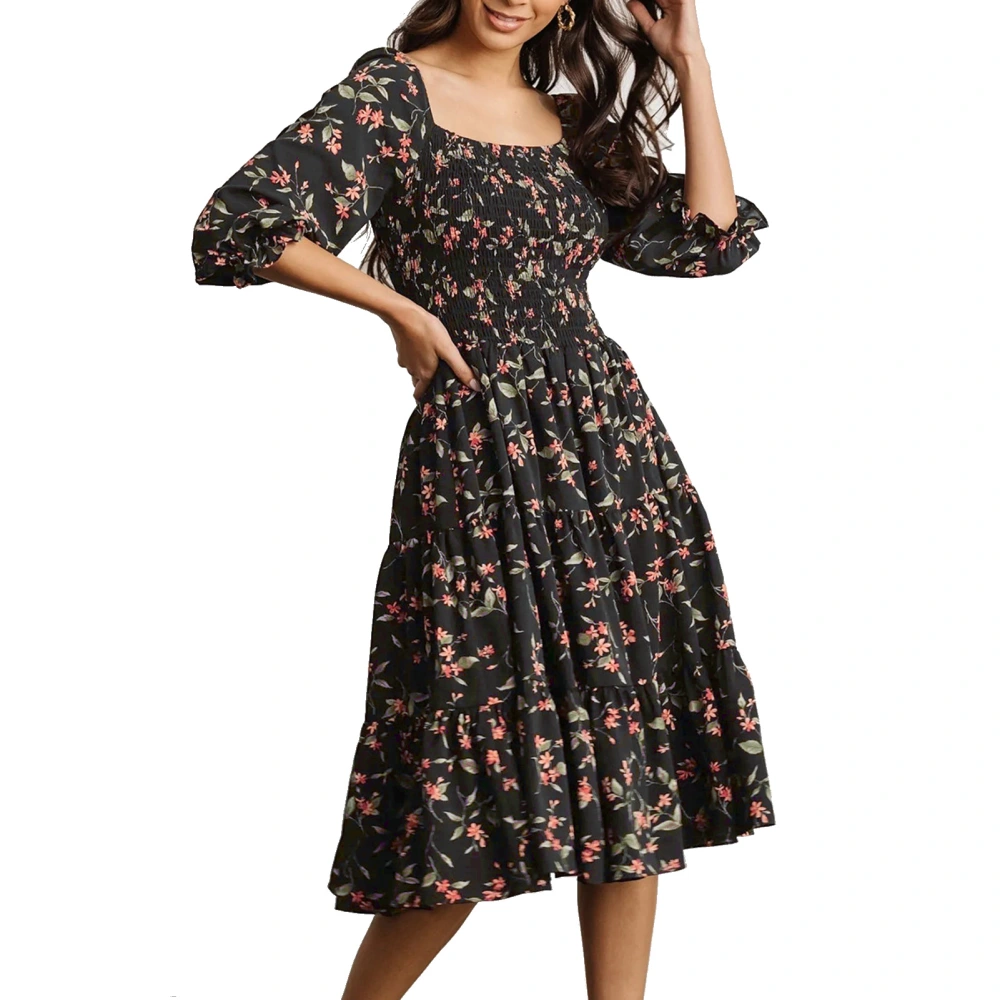 Puff Sleeve Floral Dress Three Quarter Sleeve Shirred Ruffle Flowy A Line Elegant Puff Floral Dress Black M