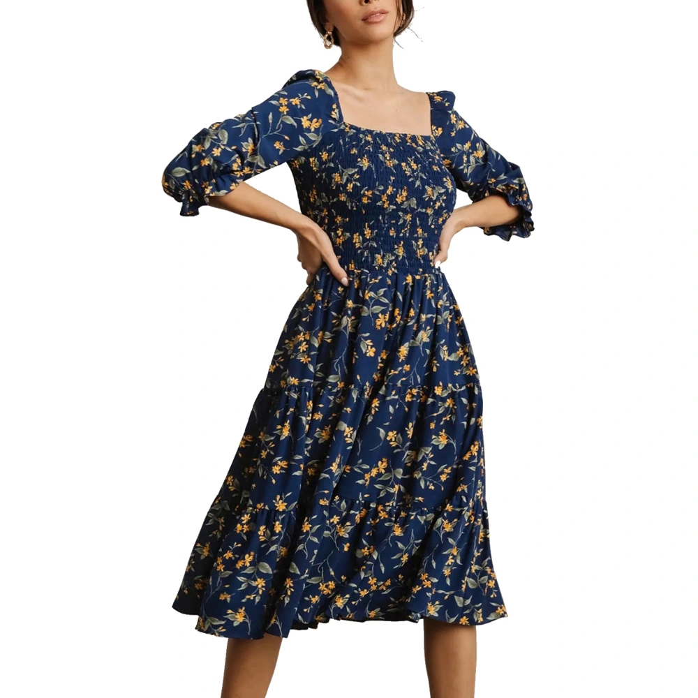 Puff Sleeve Floral Dress Three Quarter Sleeve Shirred Ruffle Flowy A Line Elegant Puff Floral Dress Purplish Blue XL