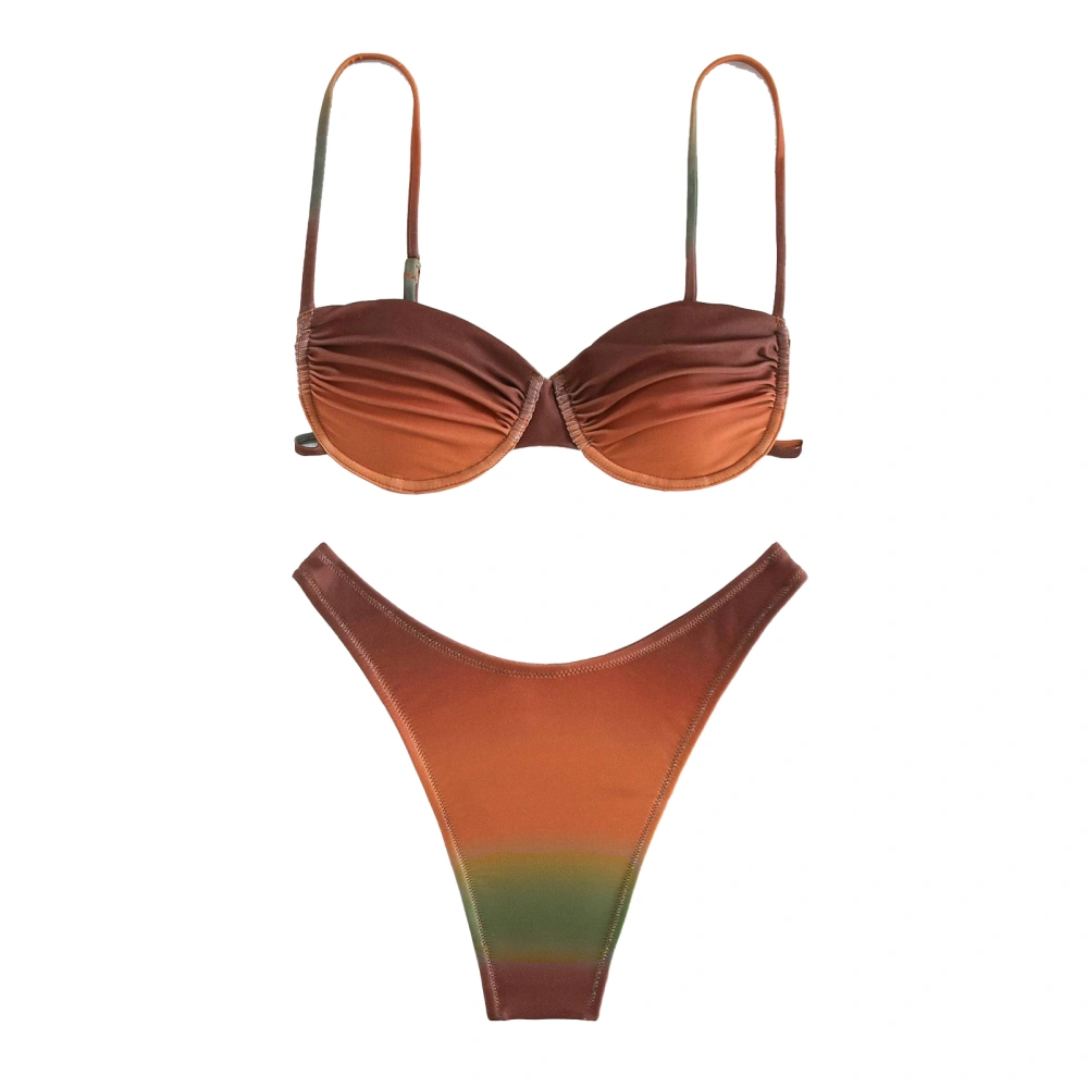 Women Bikini Swimsuit Gradient Color Spaghetti Straps High Cut Two Pieces Bathing Suit Coffee M