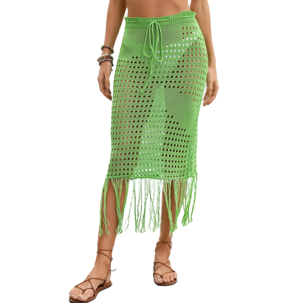 Beach Tassel Hem Waist Drawstring Cover Up Skirt Women Crochet Hollow Bikini Swimsuit Wrap Skirt Green XL