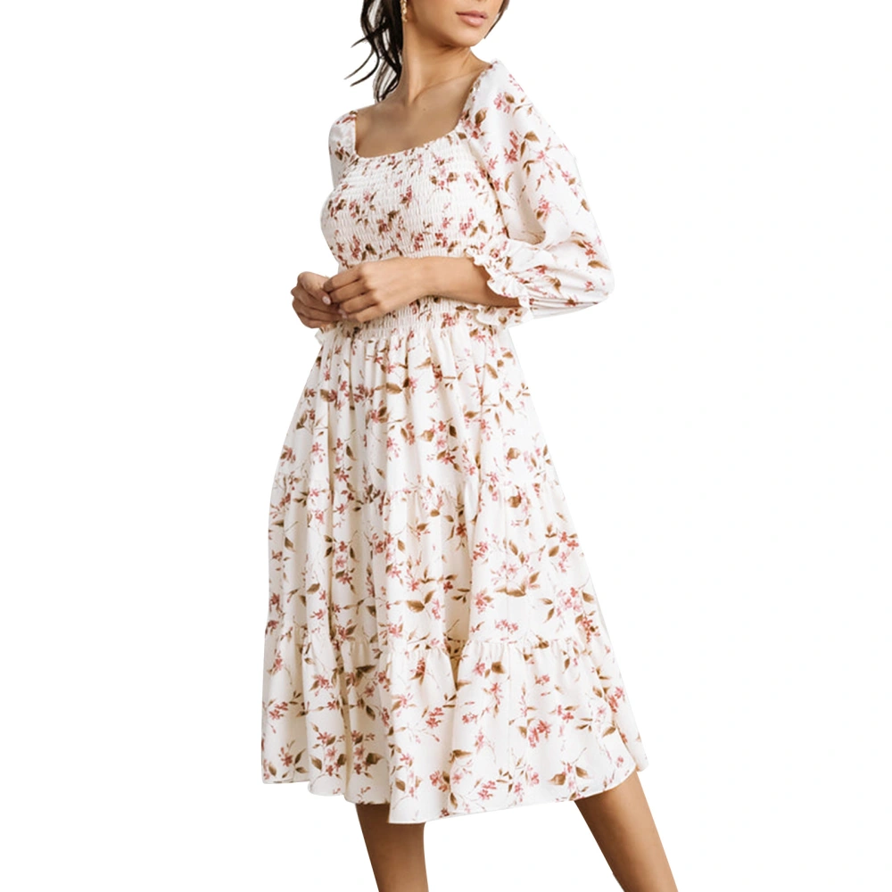 Puff Sleeve Floral Dress Three Quarter Sleeve Shirred Ruffle Flowy A Line Elegant Puff Floral Dress White XL