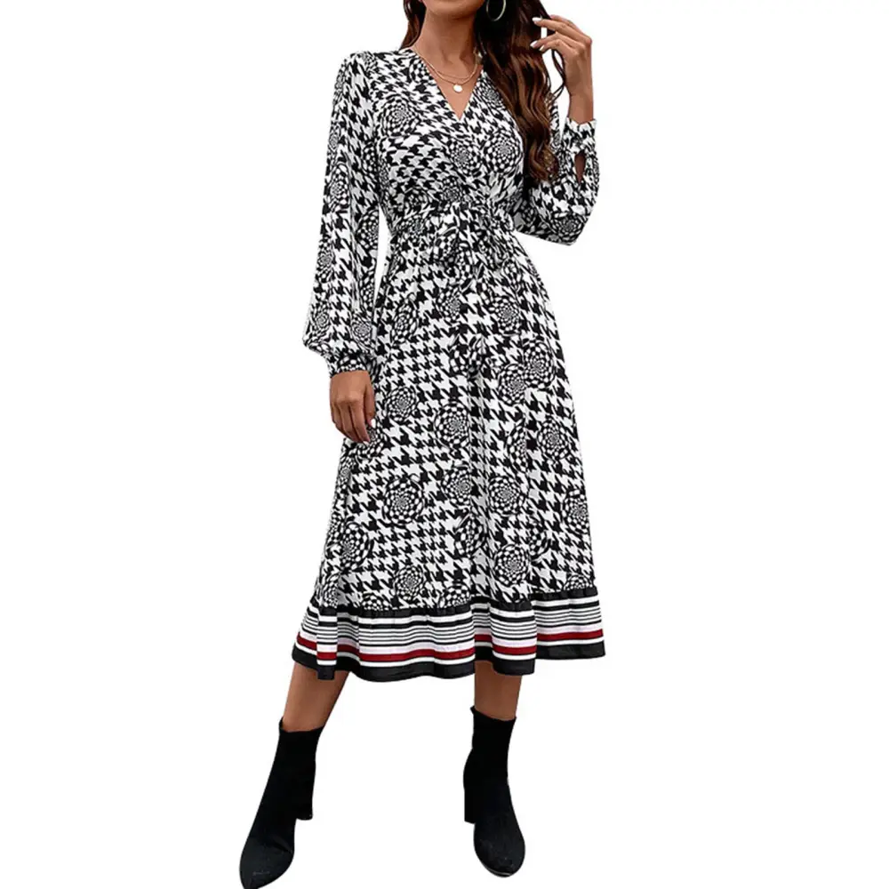 Wrap V Neck Long Puff Sleeve Dress Women Elegant Fashionable Belted Print Dress for Office Work Dating Black S