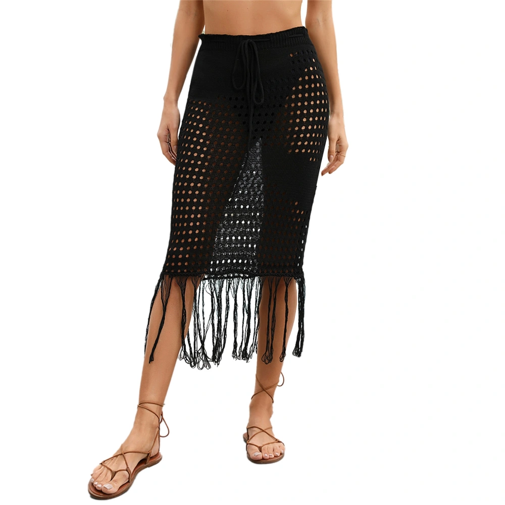 Beach Tassel Hem Waist Drawstring Cover Up Skirt Women Crochet Hollow Bikini Swimsuit Wrap Skirt Black M