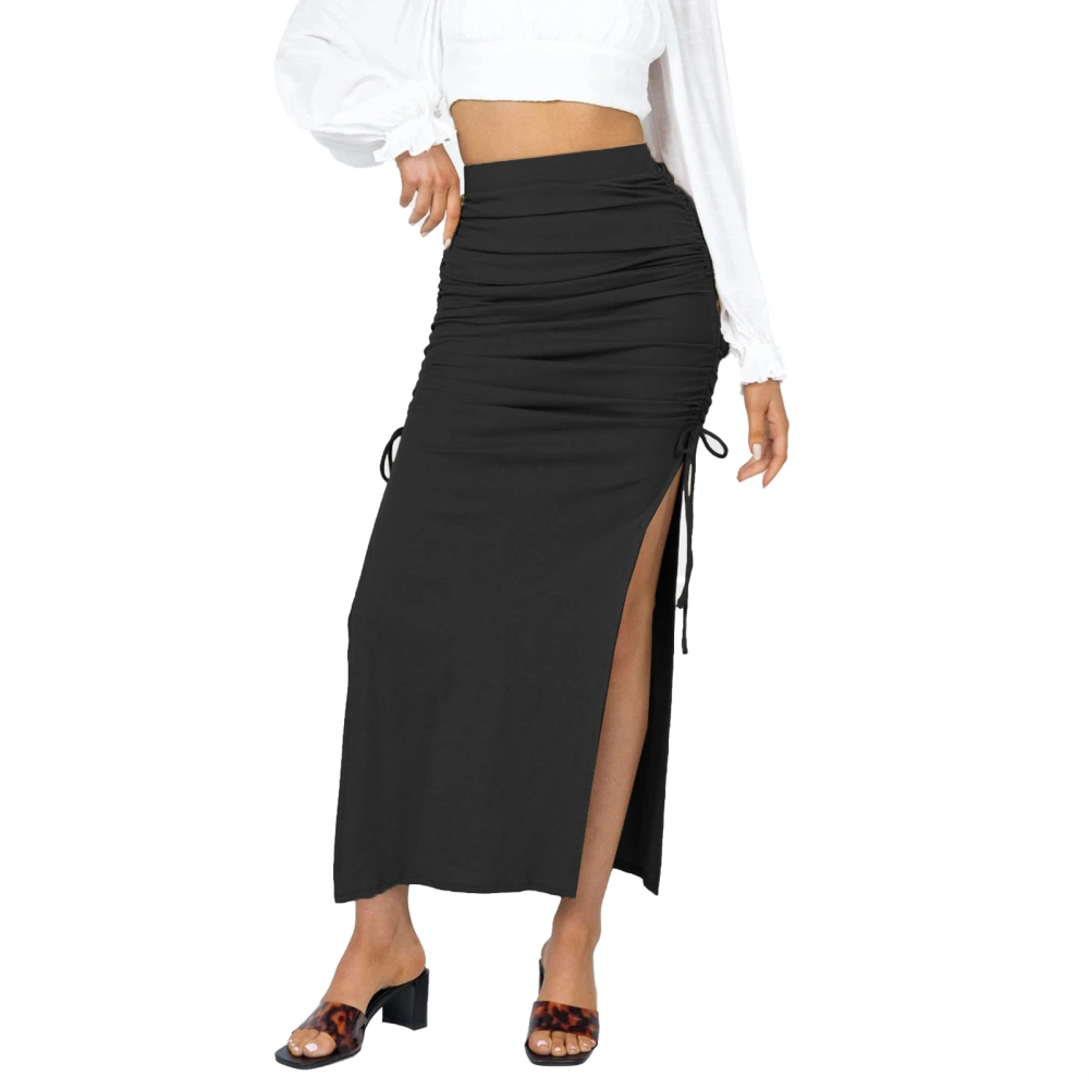 Side Ruched Skirt High Waist Slim Fit Drawstring Bodycon Split Thigh Causal Pleated Skirt Black L