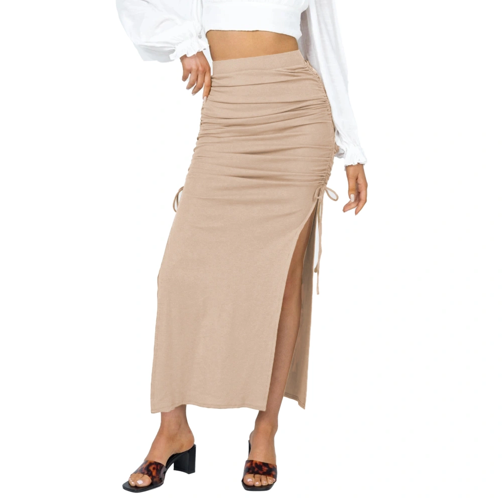 Side Ruched Skirt High Waist Slim Fit Drawstring Bodycon Split Thigh Causal Pleated Skirt Beige L