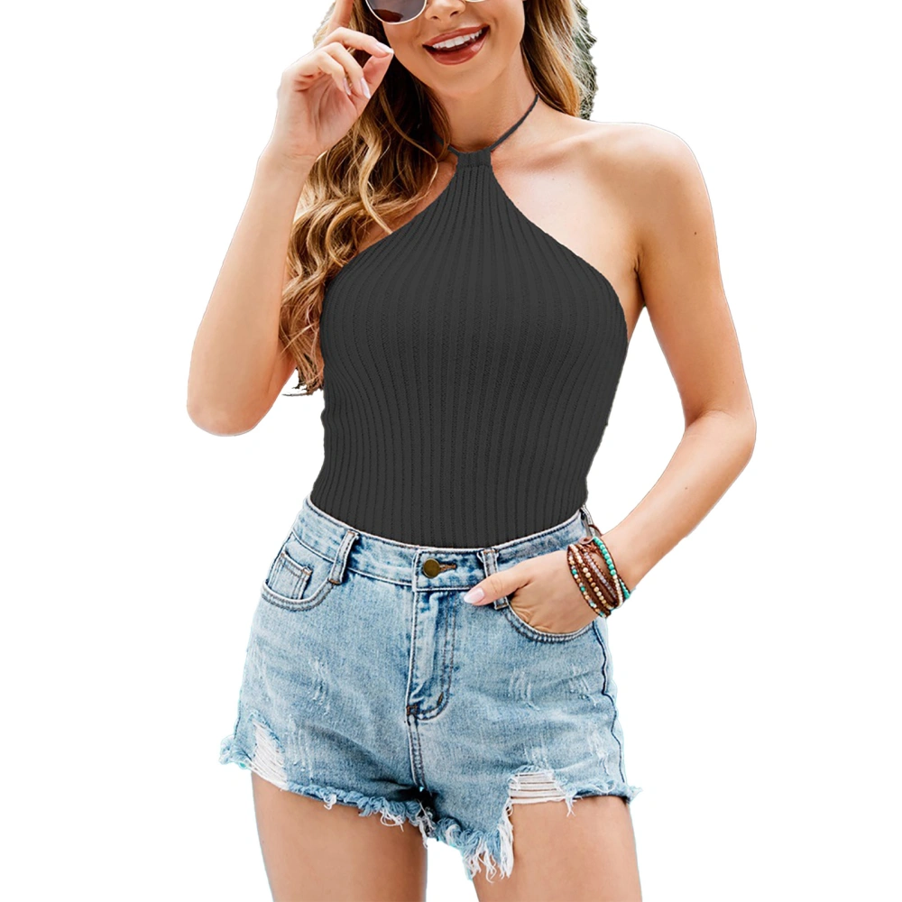 Halter Tank Top Knitted Sleeveless Pure Color Off Shoulder Breathable Backless Halter Top for Party Beach Outing Black L