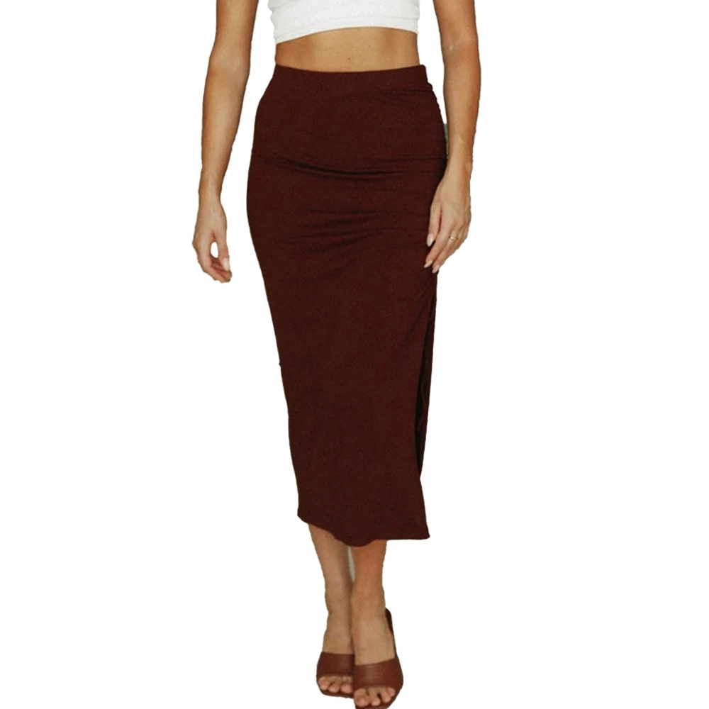 Side Ruched Skirt High Waist Slim Fit Drawstring Bodycon Split Thigh Causal Pleated Skirt Wine Red S