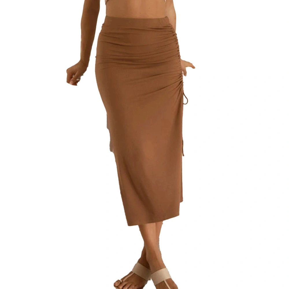 Side Ruched Skirt High Waist Slim Fit Drawstring Bodycon Split Thigh Causal Pleated Skirt Khaki XL