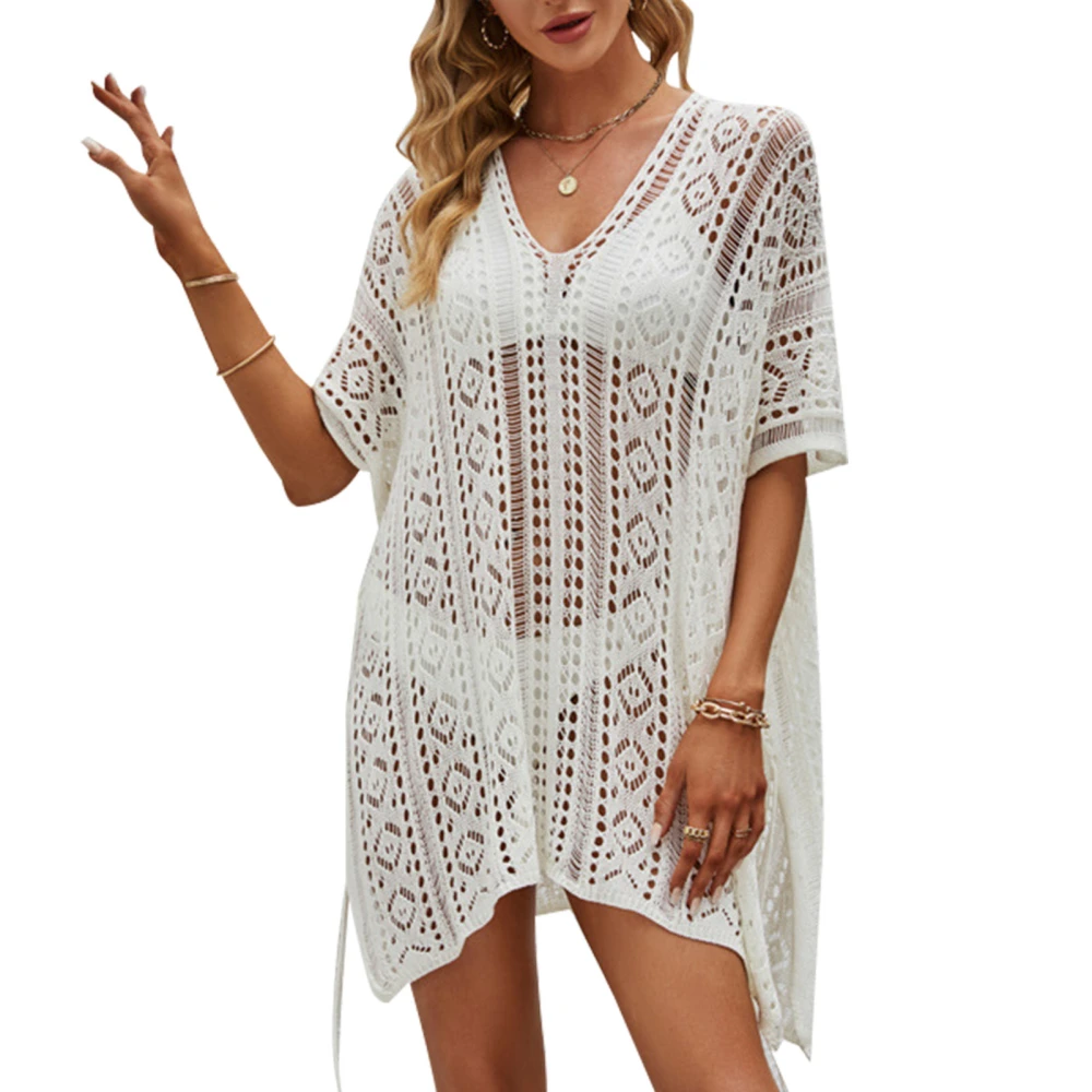 Swimsuit Cover Up Shirt Thin Short Sleeve V Neck Oversized Knitted Hollow Tops for Beach Pool and Water Party Free Size White Free Size