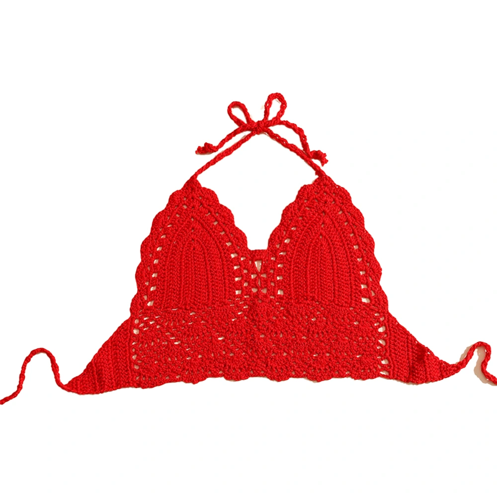 Crochet Bra Top Tied V Neck Soft Slim Hollow Out Fashion Halter Neck Knitted Bikini Top for Women Red S