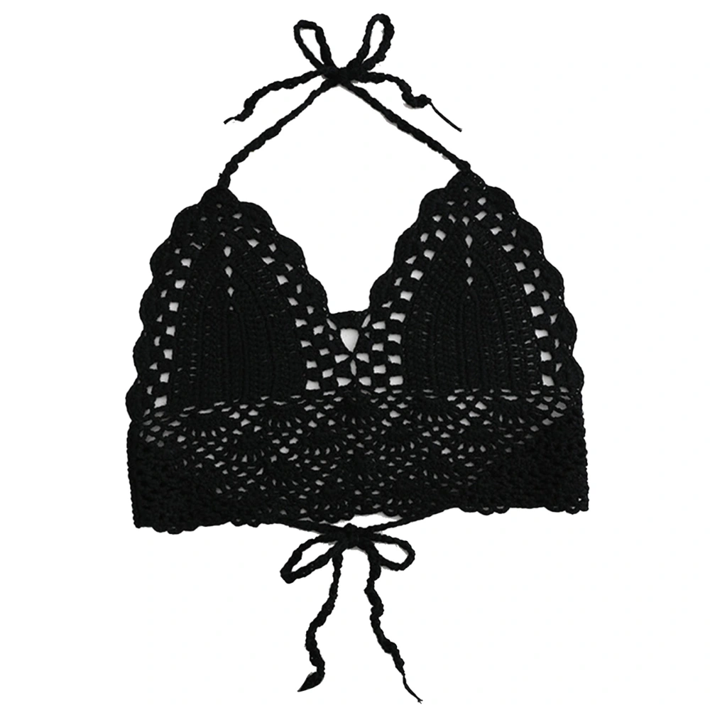 Crochet Bra Top Tied V Neck Soft Slim Hollow Out Fashion Halter Neck Knitted Bikini Top for Women Black M