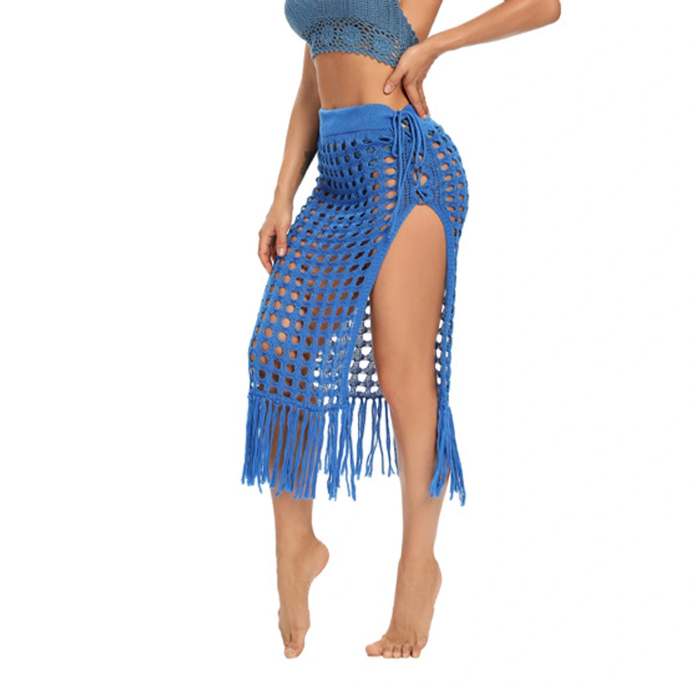 Women Hollow Out Skirts Mesh Tassle Knitted Split Hem High Waist Side Tie Beach Cover Up Sarong Sky Blue S