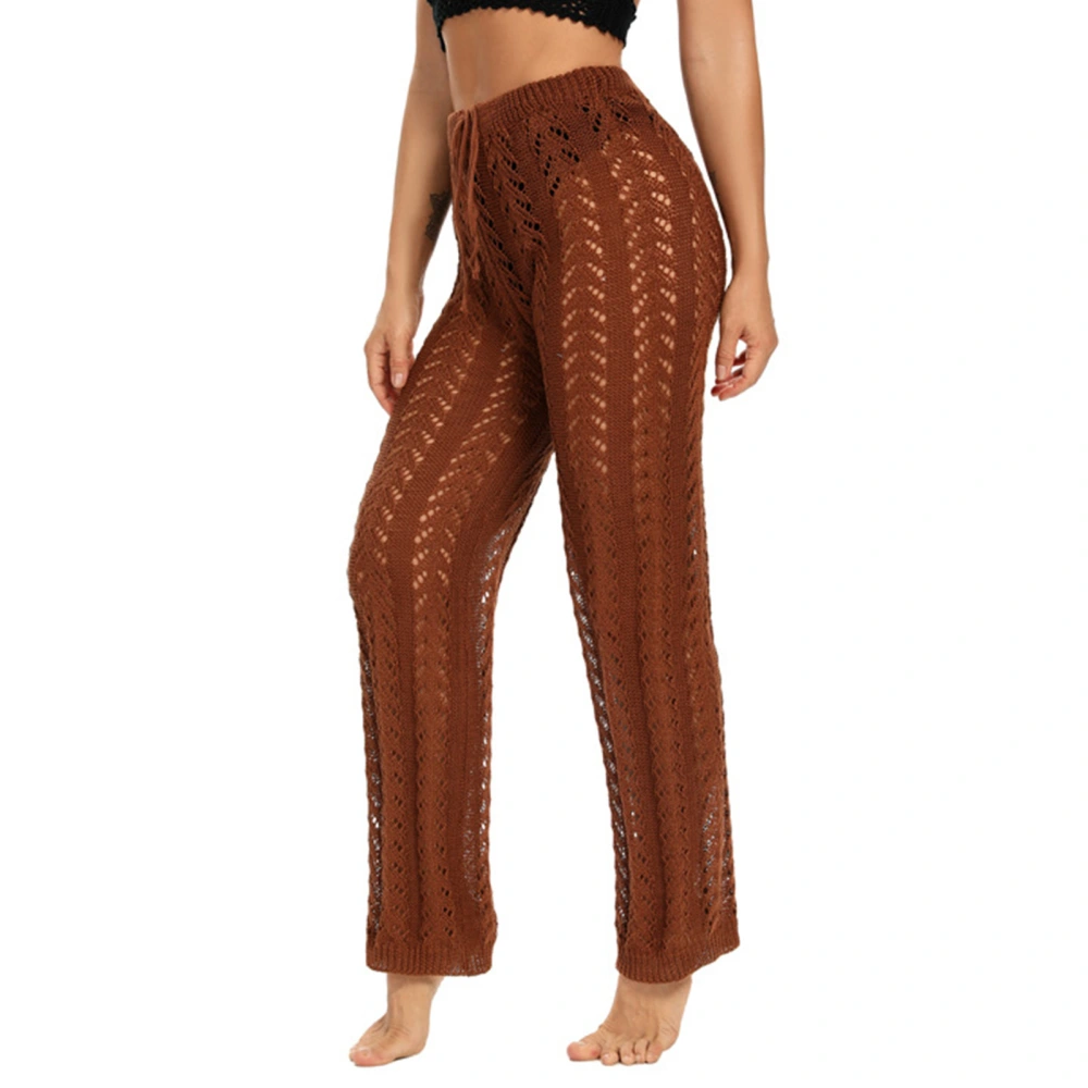 Womens Crochet Hollow Beach Pants Pure Color Casual Elegant Waist Drawstring Swimsuit Cover Up Pants Brown S