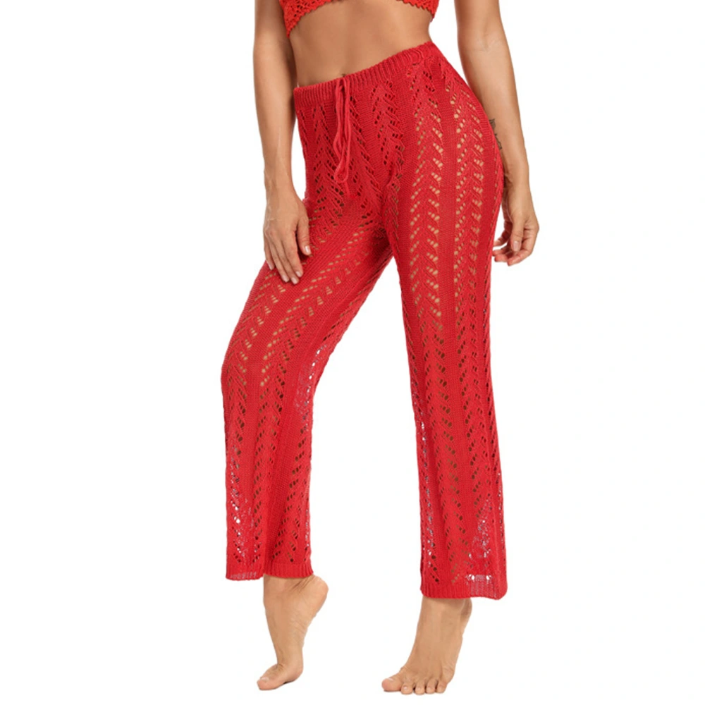 Womens Crochet Hollow Beach Pants Pure Color Casual Elegant Waist Drawstring Swimsuit Cover Up Pants Red XL