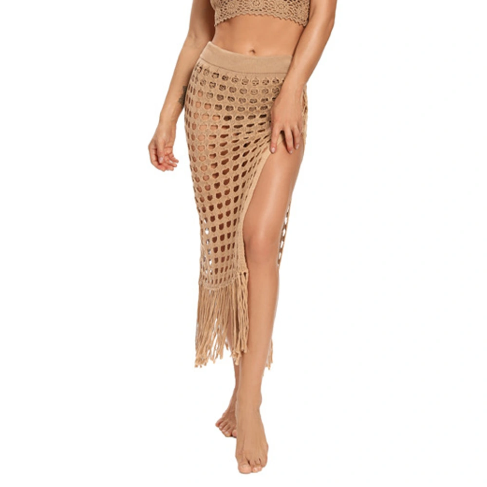 Women Hollow Out Skirts Mesh Tassle Knitted Split Hem High Waist Side Tie Beach Cover Up Sarong Khaki M