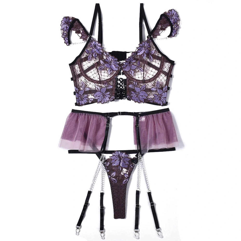 Embroidery Color Block Lingerie Set Women Mesh Underwire Bra Panty Garter Belt Set for Wedding Night Purple M