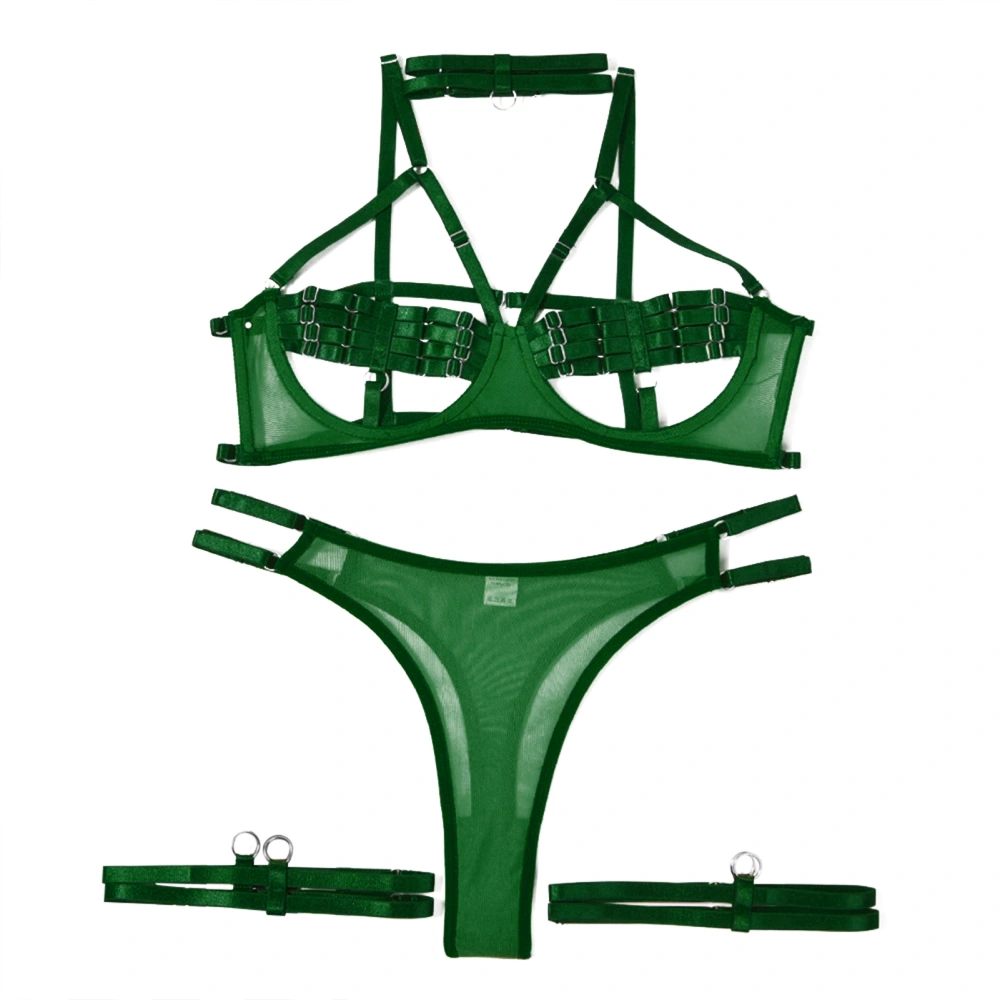 Women Strap On Lingerie Set Underwire Bra Leg Loops Hollow Up Mesh Strappy Nightwear with Choker Dark Green L