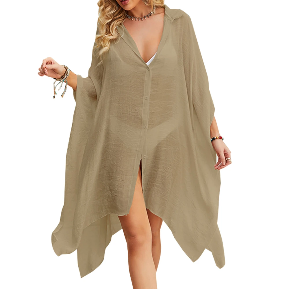 Women Beach Cover Up Loose Casual Breathable Pure Color Sun Protection Long Bikini Open Front Cover Up Khaki Free Size