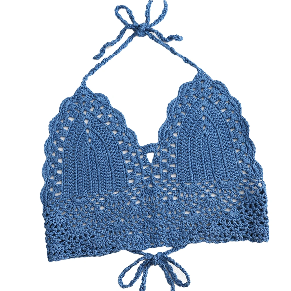 Crochet Bra Top Tied V Neck Soft Slim Hollow Out Fashion Halter Neck Knitted Bikini Top for Women Blue L