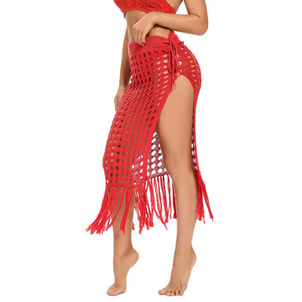 Women Hollow Out Skirts Mesh Tassle Knitted Split Hem High Waist Side Tie Beach Cover Up Sarong Rusty Red XL