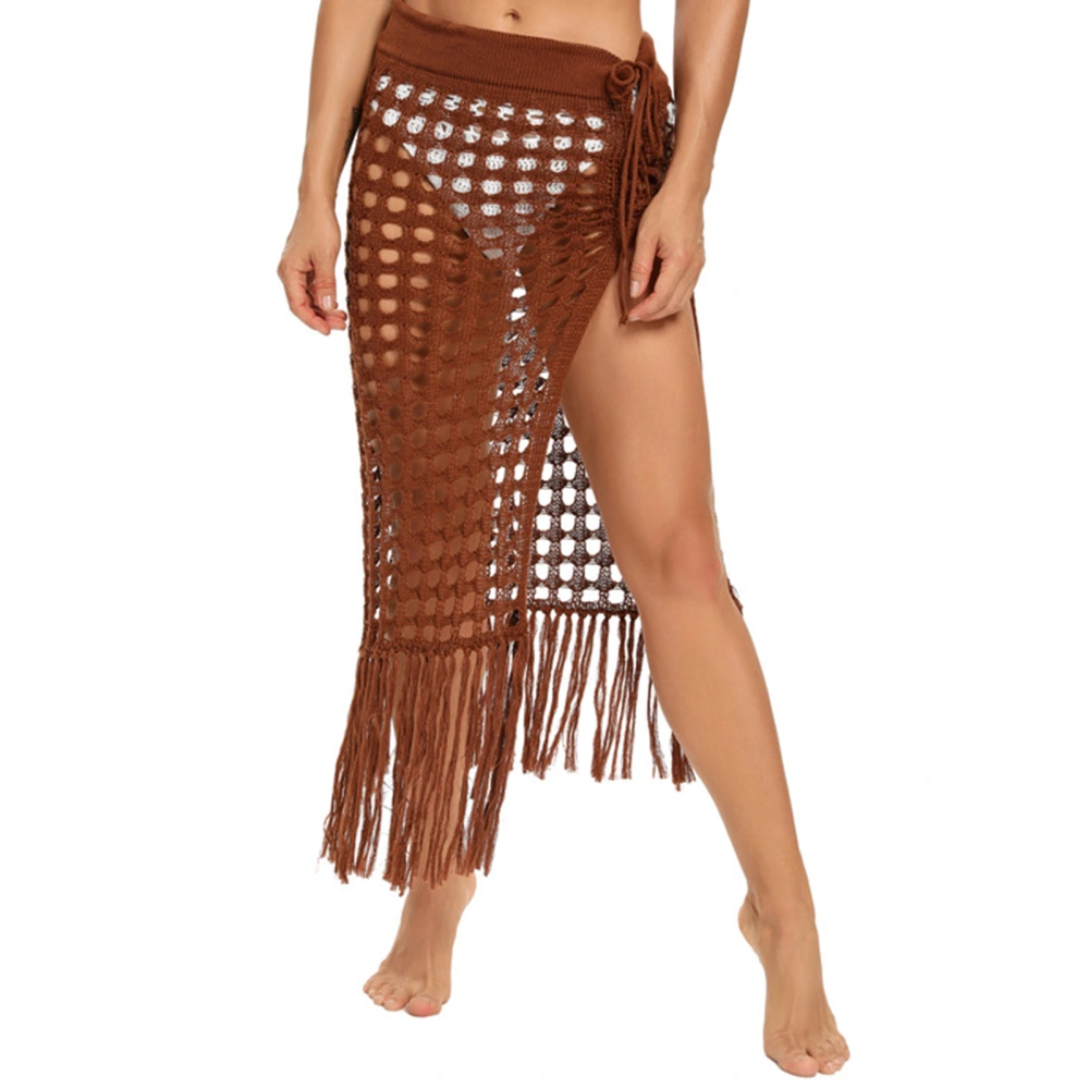 Women Hollow Out Skirts Mesh Tassle Knitted Split Hem High Waist Side Tie Beach Cover Up Sarong Brown L