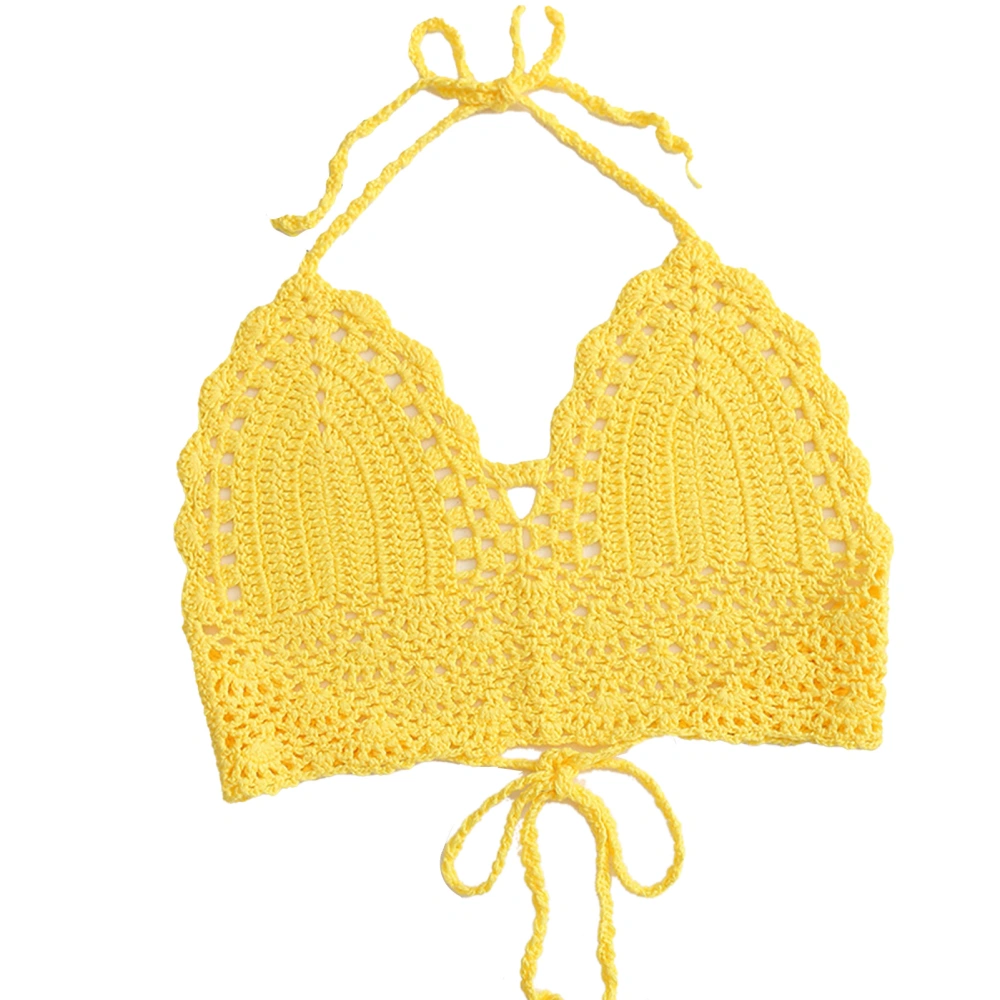 Crochet Bra Top Tied V Neck Soft Slim Hollow Out Fashion Halter Neck Knitted Bikini Top for Women Yellow S