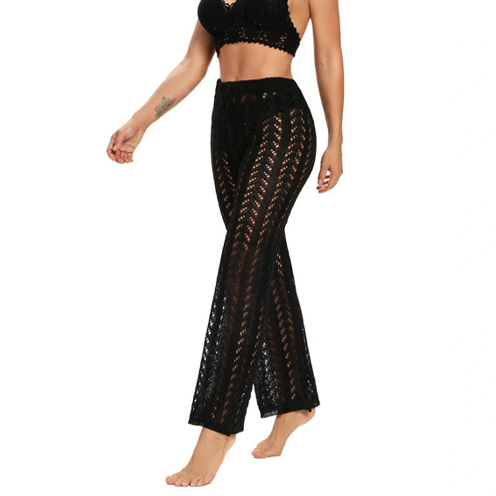 Womens Crochet Hollow Beach Pants Pure Color Casual Elegant Waist Drawstring Swimsuit Cover Up Pants Black M