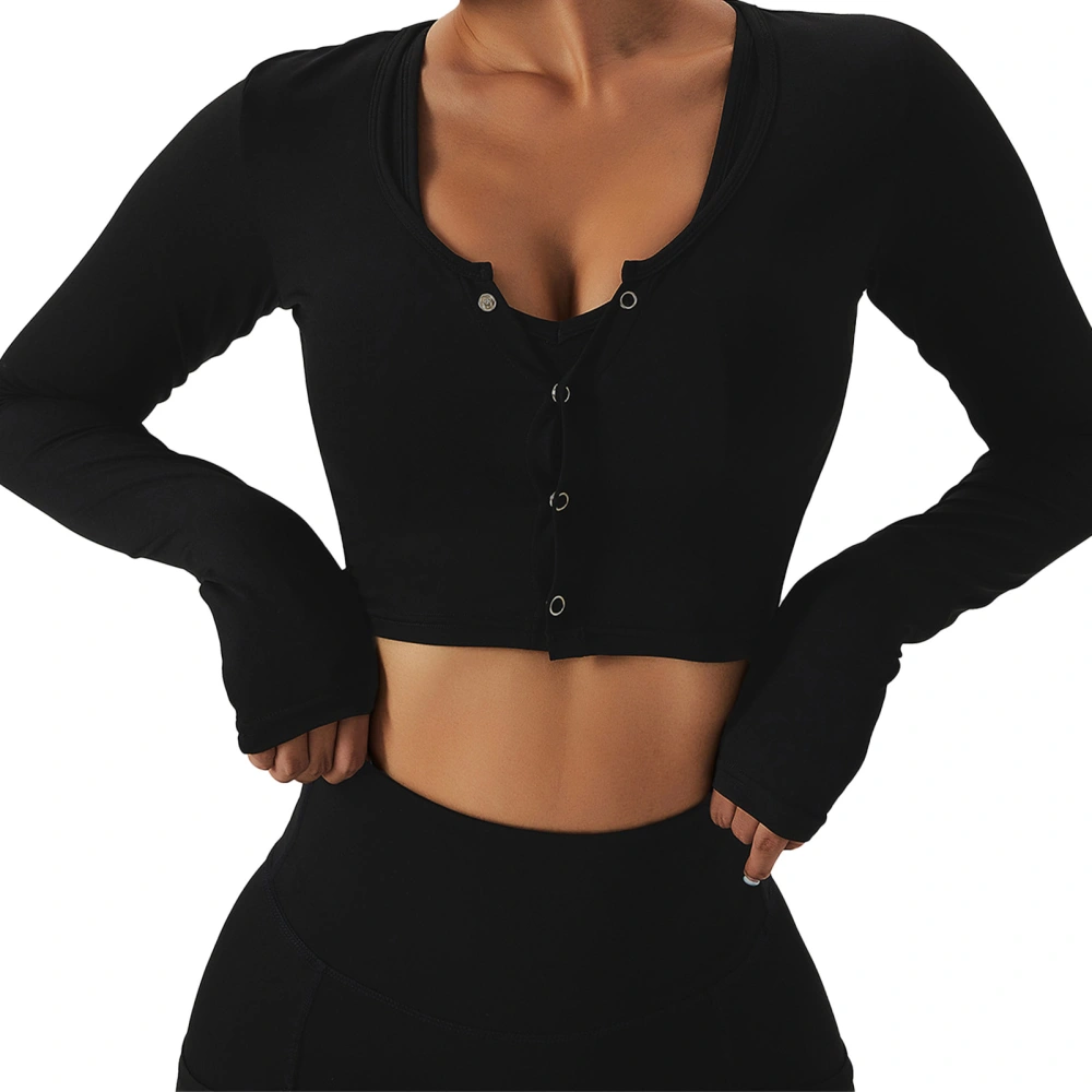 Women Yoga Top Quickly Dry Long Sleeve Stretchy Single Breast Button Crew Neck Slim Fit Workout Shirt Black S