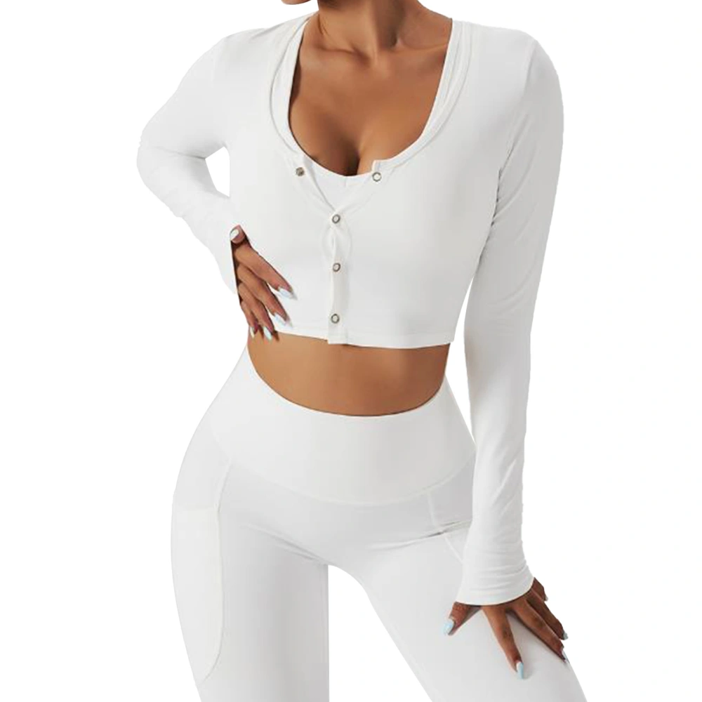 Women Yoga Top Quickly Dry Long Sleeve Stretchy Single Breast Button Crew Neck Slim Fit Workout Shirt White L