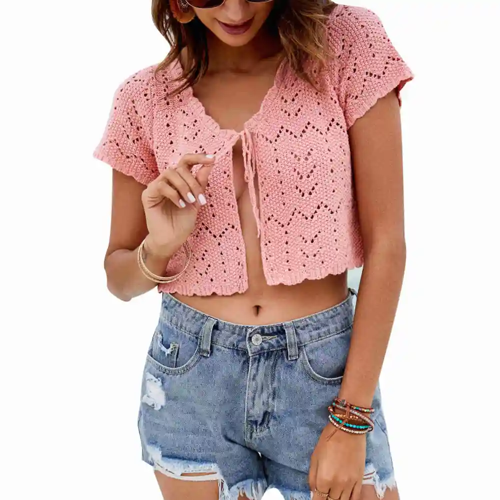 Knitted Tie Front Shirt V Neck Hollow Out Pure Color Short Sleeve Women Open Front Top for Spring Summer Pink M