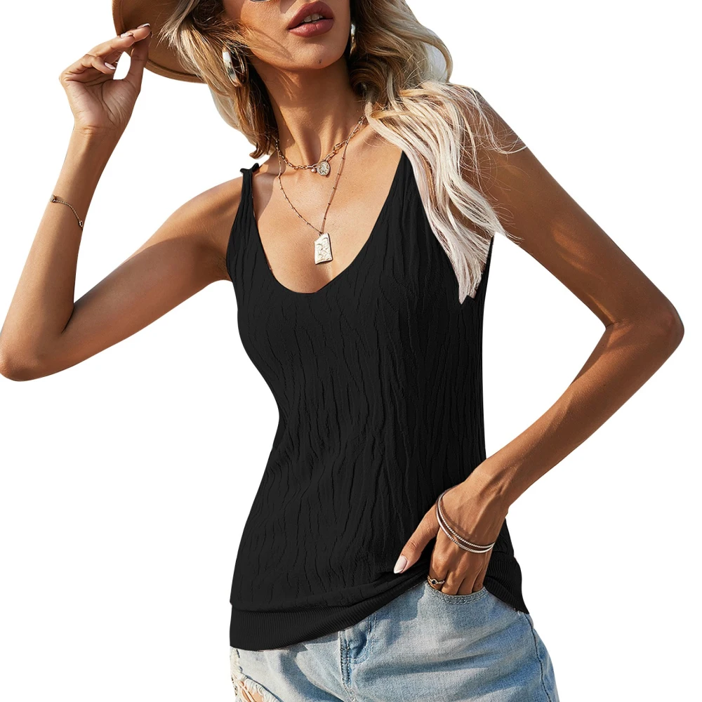 Summer Loose Knit Vest Pure Color V Neck Causal Fashion Summer Knitted Sleeveless Shirt for Women Black M