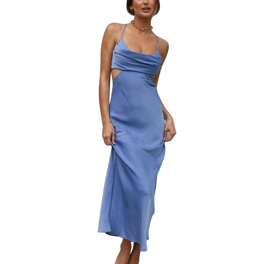 Spaghetti Strap Satin Dresses Criss Cross Pure Color Elegant Slim Draped Satin Cut Out Maxi Dress Light Blue M