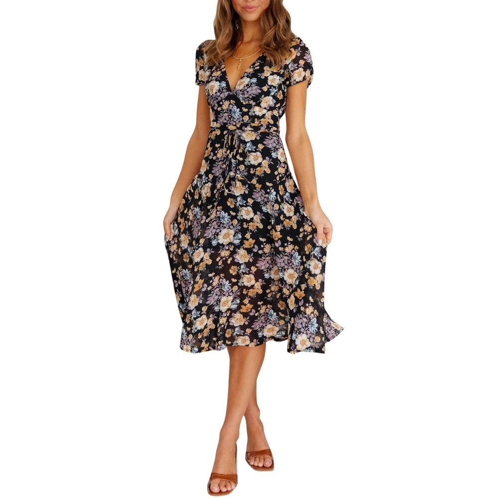 Women Midi Dress Floral Printing V Neck Waist Strap Back Zipper Closure Summer Short Sleeves Dress Black S