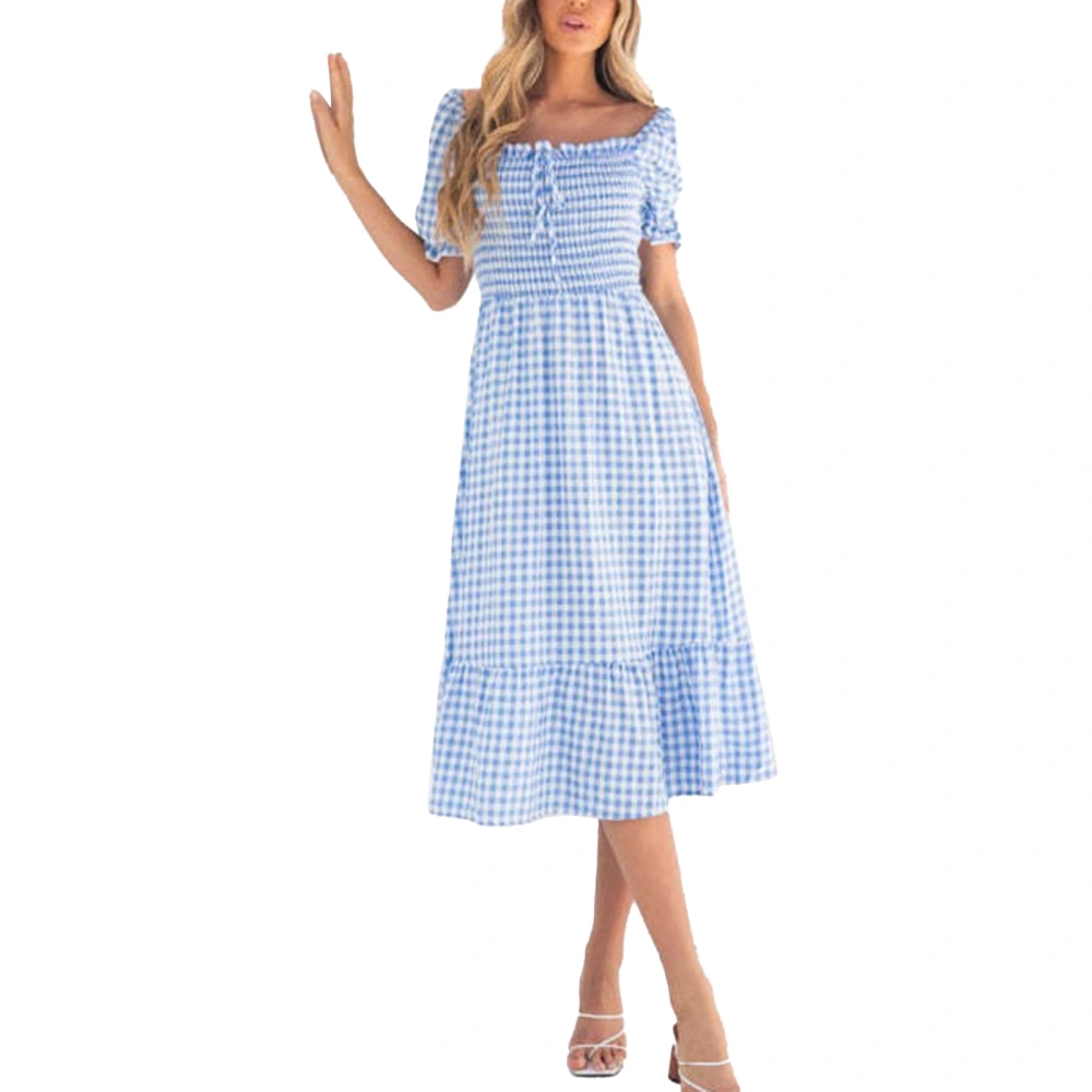 Women Dress Shirred Plaid Printed Puff Sleeve Frill Trim Ruffle Hem Drawstring Long Dress for Lady Blue L