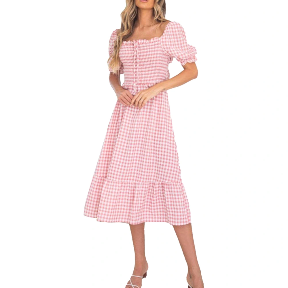 Women Dress Shirred Plaid Printed Puff Sleeve Frill Trim Ruffle Hem Drawstring Long Dress for Lady Pink M