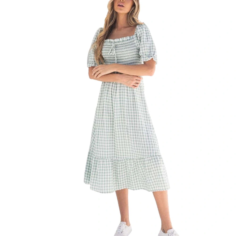 Women Dress Shirred Plaid Printed Puff Sleeve Frill Trim Ruffle Hem Drawstring Long Dress for Lady Green M