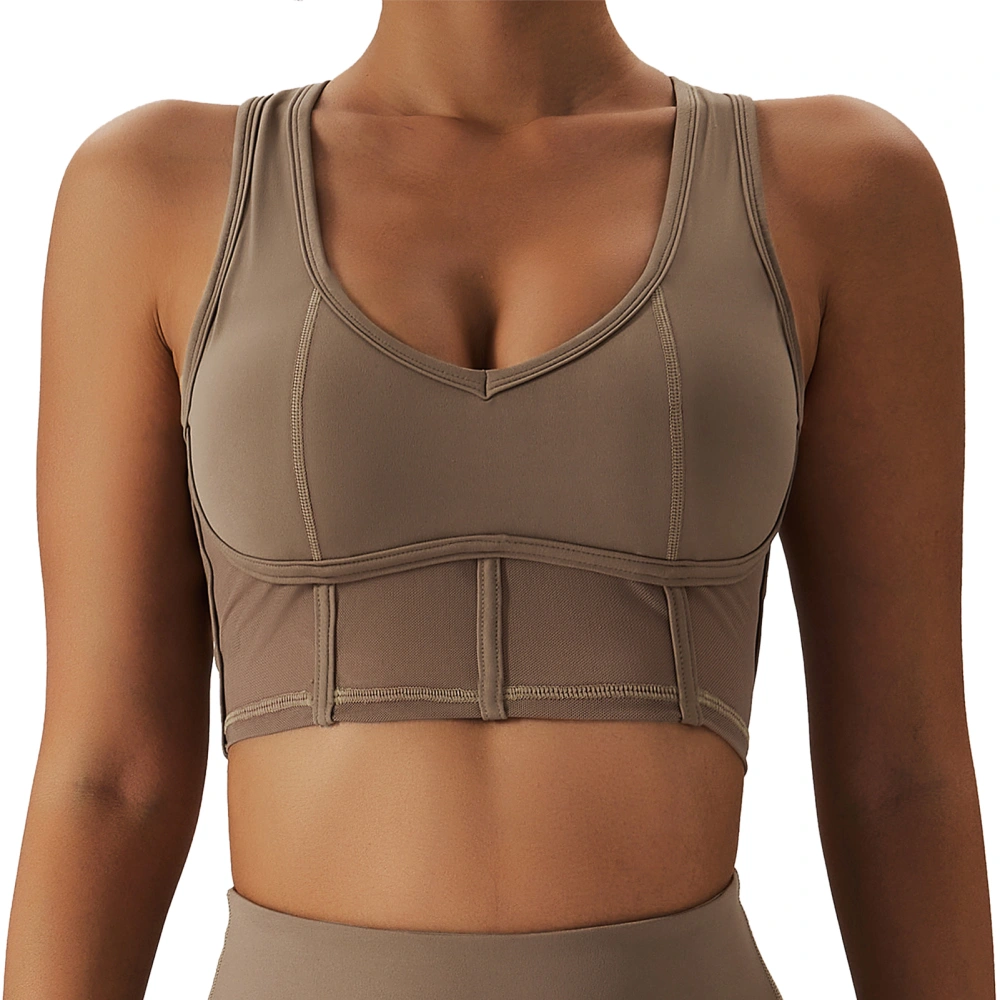 Mesh Sports Bra Quick Drying Backless Sleeveless Breathable Shockproof Elastic Running Bra with Chest Pad Brown M