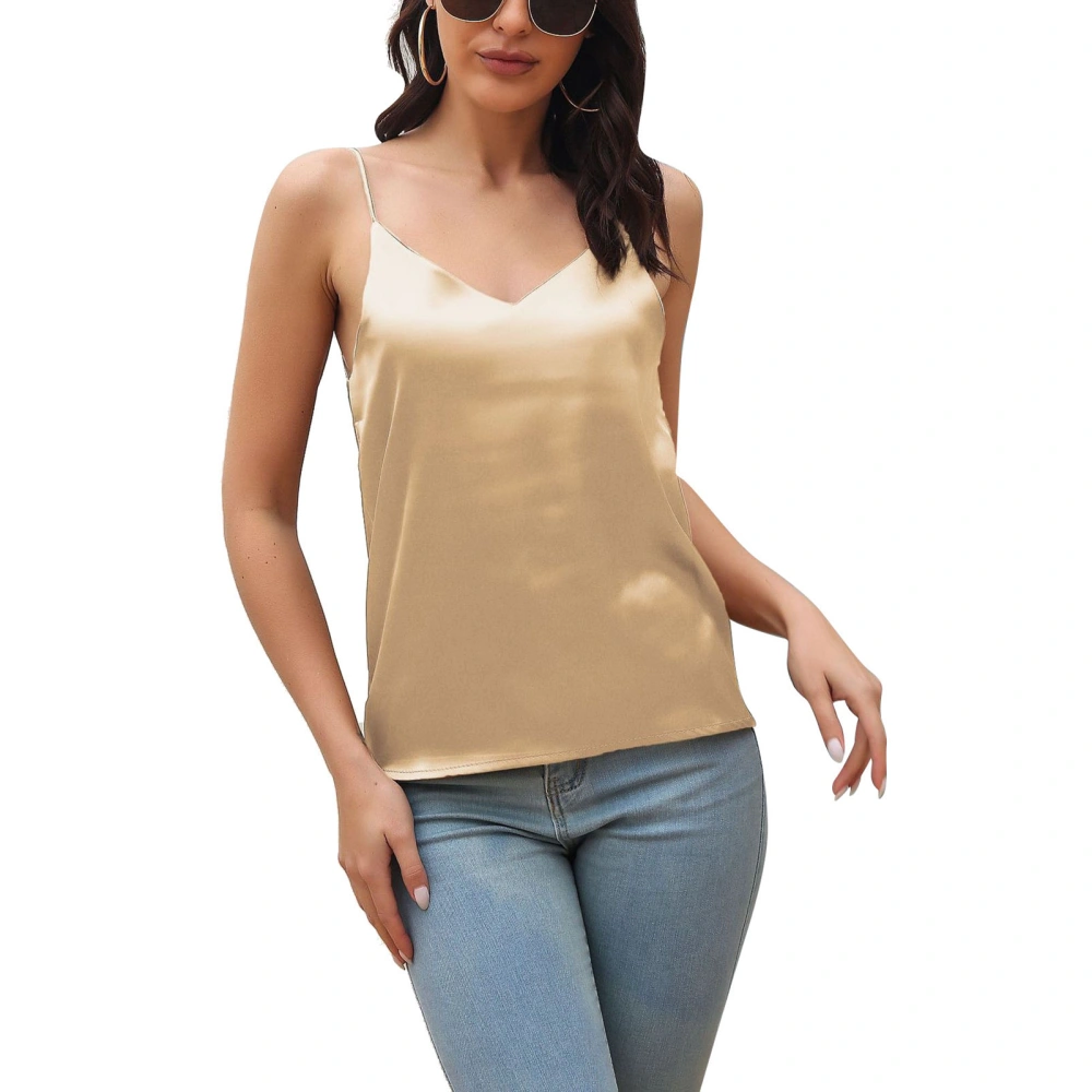 Women Satin Tank Top V Neck Back Spaghetti Strap Pure Color Summer Sleeveless Vest Champagne S