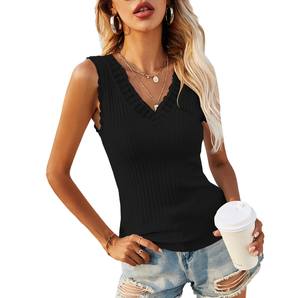 Knit Tank Top Women Fashionable Elegant Slim Fit Pure Color V Neck Lace Sleeveless Top for Office Work Black M